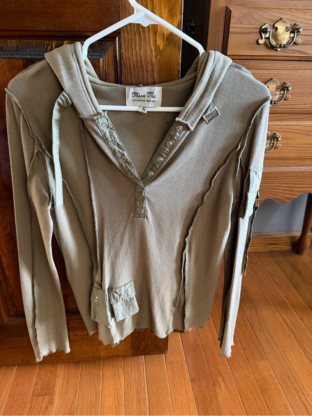 Miss Me Olive Hooded Henley with Raw-Edge Detailing